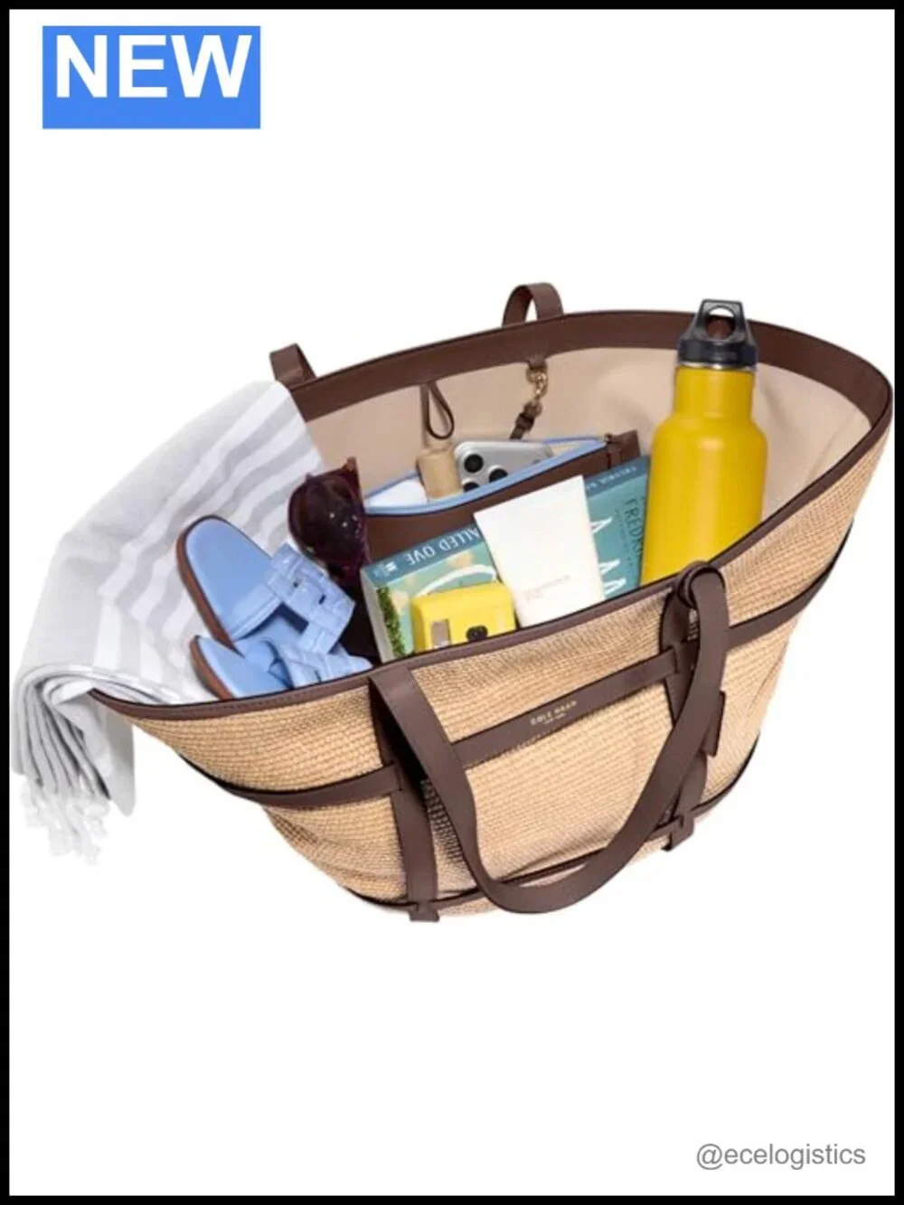 Women's Straw Leather Tote Bag with Removable Pouch, Laptop Compartment, Top